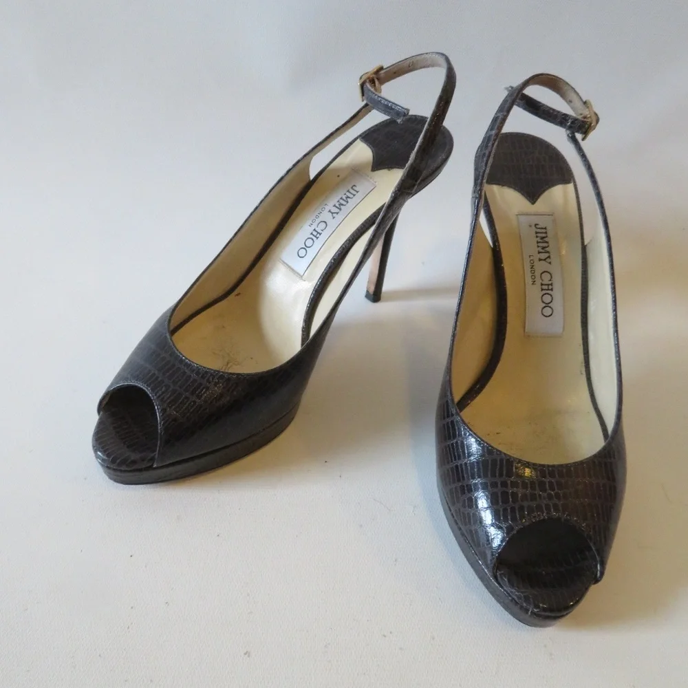 Jimmy Choo Dark Brown Croc-Embossed Peep-Toe Slingback Pumps